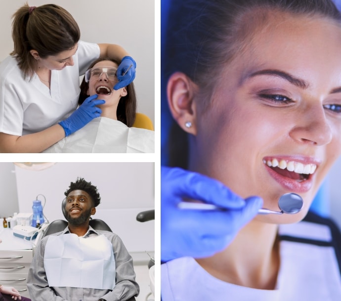 3 people smiling while having their teeth checked by a Cosmetic Dentist in Waterloo